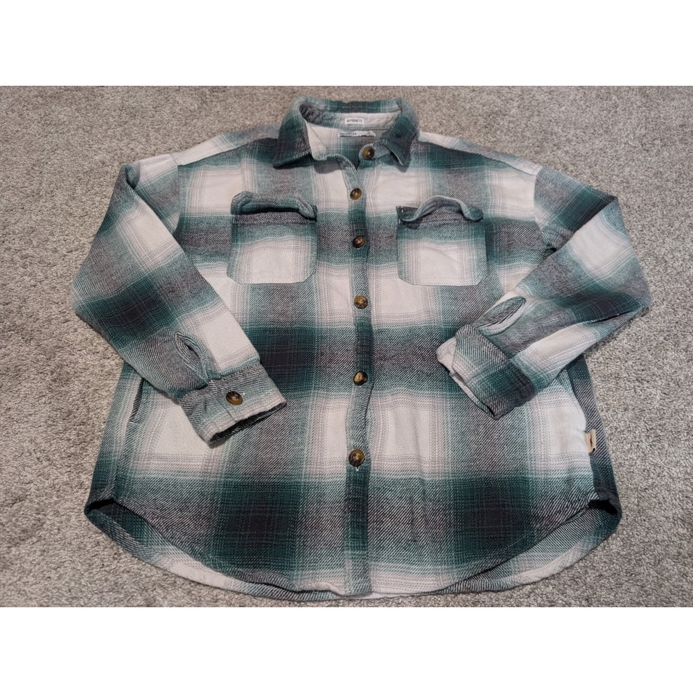 Hollister Flannel Shirt Womens Medium Green Plaid Boyfriend Fit Thick Shacket